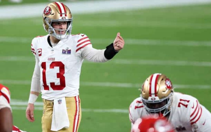 LAS VEGAS, NEVADA - FEBRUARY 11: Brock Purdy #13 of the San Francisco 49ers calls a play at the line in the second quarter against the Kansas City Chiefs during Super Bowl LVIII at Allegiant Stadium on February 11, 2024 in Las Vegas, Nevada. (Photo by Steph Chambers/Getty Images)