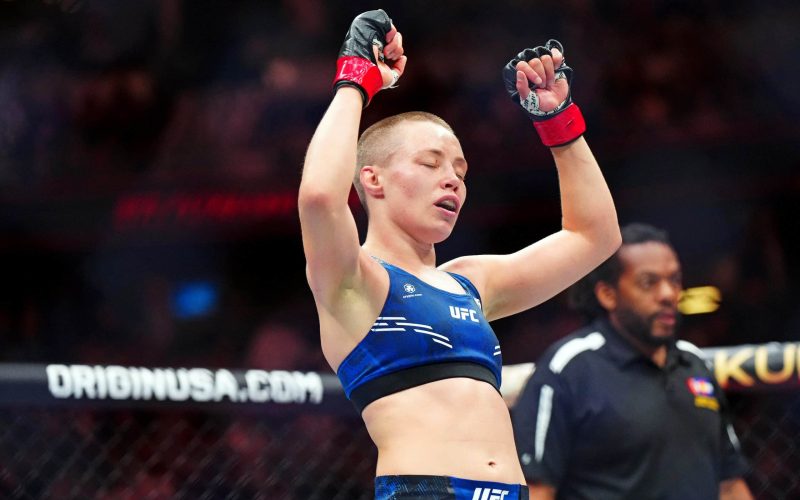 Jul 13, 2024; Denver, Colorado, USA; Rose Namajunas (red gloves) reacts after her fight against Tracy Cortez (blue gloves) during UFC Fight Night at Ball Arena. Mandatory Credit: Ron Chenoy-USA TODAY Sports