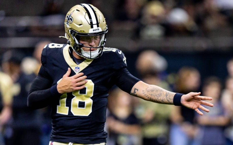 Aug 25, 2024; New Orleans, Louisiana, USA; New Orleans Saints quarterback Spencer Rattler (18) during the warmups before the game against the Tennessee Titans at Caesars Superdome. Mandatory Credit: Stephen Lew-USA TODAY Sports