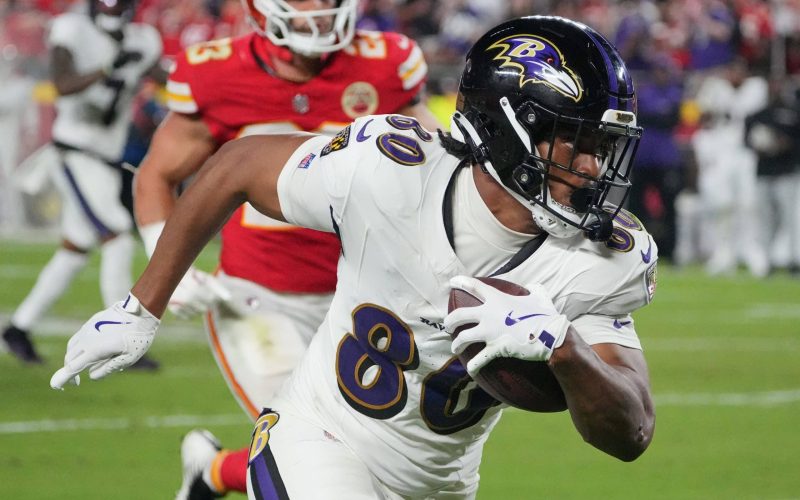 Sep 5, 2024; Kansas City, Missouri, USA; Baltimore Ravens tight end Isaiah Likely (80) runs the ball against the Kansas City Chiefs during the second half at GEHA Field at Arrowhead Stadium. Mandatory Credit: Denny Medley-Imagn Images