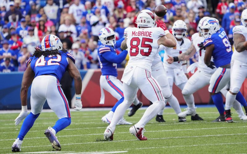 Sep 8, 2024; Orchard Park, New York, USA; Arizona Cardinals tight end Trey McBride (85) makes a catch against the Buffalo Bills during the second half at Highmark Stadium. Mandatory Credit: Gregory Fisher-Imagn Images