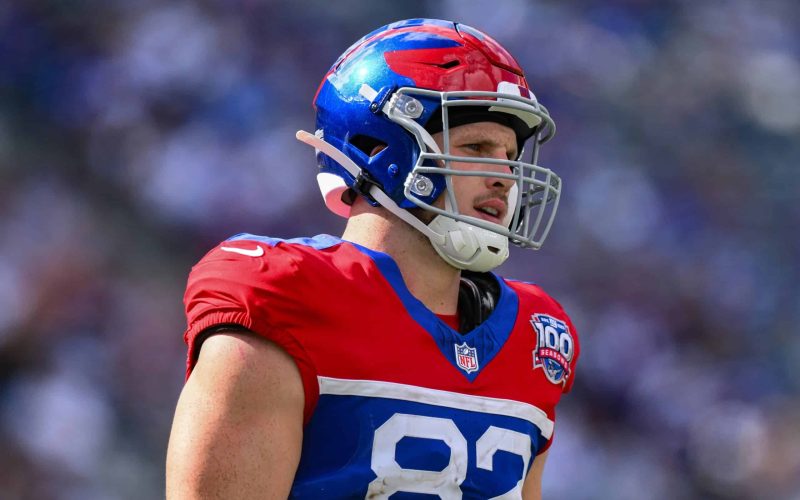 Sep 8, 2024; East Rutherford, New Jersey, USA; New York Giants tight end Daniel Bellinger (82) during the second half against the Minnesota Vikings at MetLife Stadium. Mandatory Credit: John Jones-Imagn Images