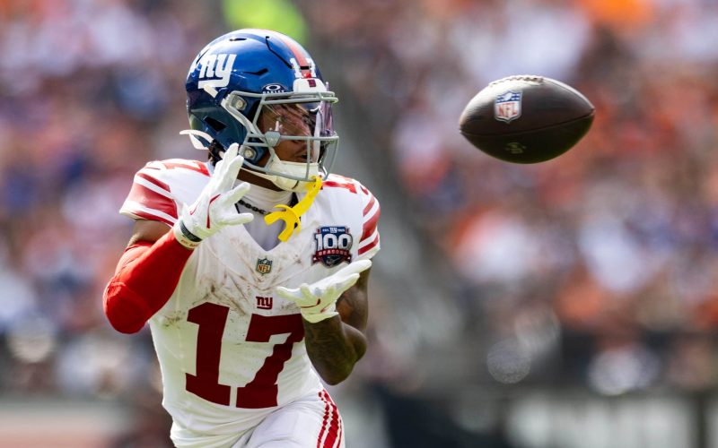 Sep 22, 2024; Cleveland, Ohio, USA; New York Giants wide receiver Wan\'Dale Robinson (17) catches a pass during the third quarter against the Cleveland Browns at Huntington Bank Field. Mandatory Credit: Scott Galvin-Imagn Images