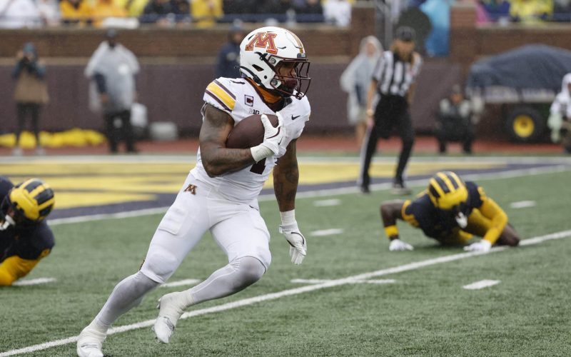 Sep 28, 2024; Ann Arbor, Michigan, USA;  Minnesota Golden Gophers running back Darius Taylor (1) rushes in the first half against the Michigan Wolverines at Michigan Stadium. Mandatory Credit: Rick Osentoski-Imagn Images