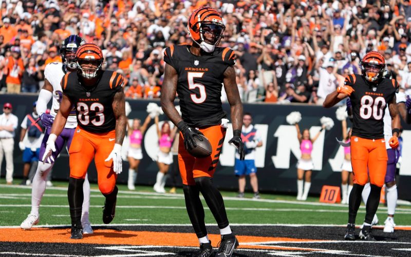 Cincinnati Bengals wide receiver Tee Higgins (5) makes a touchdown over the Baltimore Ravens in the 3rd quarter Sunday October 6, 2024 at Payor Stadium. The Bengals lost 41-38 in overtime.