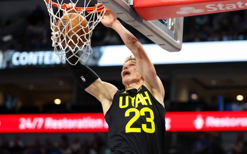 Oct 10, 2024; Dallas, Texas, USA;  Utah Jazz forward Lauri Markkanen (23) dunks during the second half against the Dallas Mavericks at American Airlines Center. Mandatory Credit: Kevin Jairaj-Imagn Images