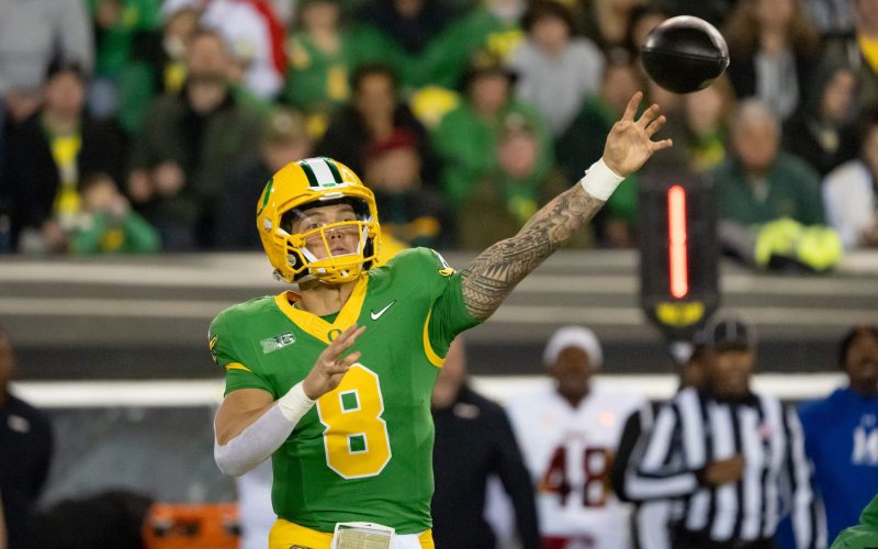 Oregon quarterback Dillon Gabriel throws out a pass as the Oregon Ducks host the Maryland Terrapins at Autzen Stadium Saturday, Nov. 9, 2024 in Eugene, Ore.