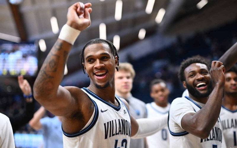Nov 27, 2024; Villanova, Pennsylvania, USA; Villanova Wildcats forward Eric Dixon (43) reacts after the game against the Rider Broncs at William B. Finneran Pavilion. Mandatory Credit: Kyle Ross-Imagn Images