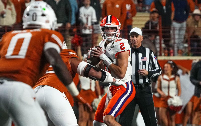 Clemson quarterback Cade Klubnik (2) throws a pass during the game against the Texas Longhorns in the first round of the College Football Playoffs at Darrell K Royal-Texas Memorial Stadium on Saturday, Dec. 21, 2024.