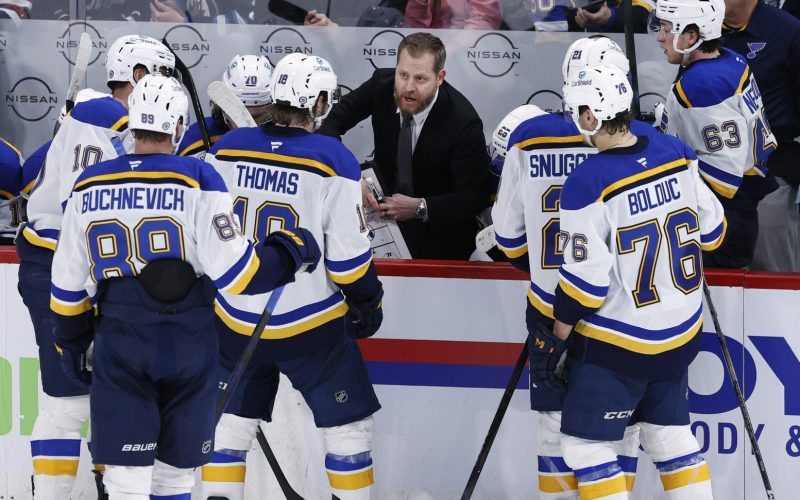 Apr 7, 2025; Winnipeg, Manitoba, CAN; St. Louis Blues assistant coach Steve Ott talks to players during a time out against the Winnipeg Jets in the third period at Canada Life Centre. Mandatory Credit: James Carey Lauder-Imagn Images
