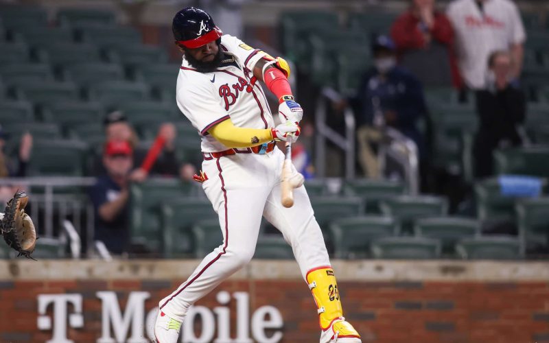 Apr 11, 2025; Atlanta, Georgia, USA; Atlanta Braves designated hitter Marcell Ozuna (20) hits a walk-off two-run home run against the Philadelphia Phillies in the eleventh inning at Truist Park. Mandatory Credit: Brett Davis-Imagn Images