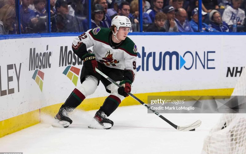 TAMPA, FL - JANUARY 25: Logan Cooley #92 of the Arizona Coyotes against the Tampa Bay Lightning during the first period at Amalie Arena on January 25, 2024 in Tampa, Florida. (Photo by Mark LoMoglio/NHLI via Getty Images)