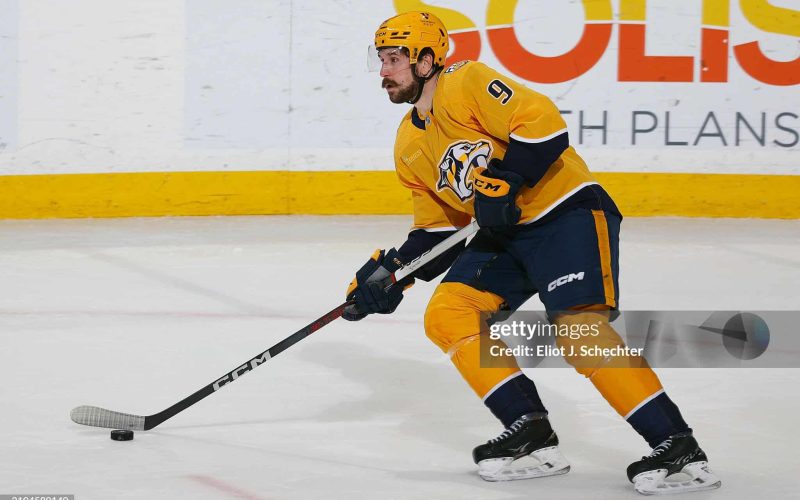 SUNRISE, FLORIDA - MARCH 21: Filip Forsberg #9 of the Nashville Predators skates with the puck against the Florida Panthers at the Amerant Bank Arena on March 21, 2024 in Sunrise, Florida. (Photo by Eliot J. Schechter/NHLI via Getty Images)