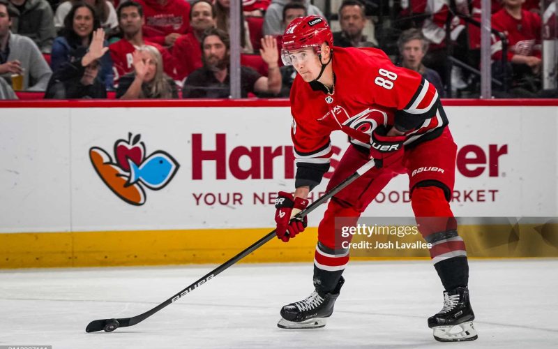 RALEIGH, NORTH CAROLINA - MARCH 28:  Martin Necas #88 of the Carolina Hurricanes skates during the first period against the Detroit Red Wings at PNC Arena on March 28, 2024 in Raleigh, North Carolina. (Photo by Josh Lavallee/NHLI via Getty Images)