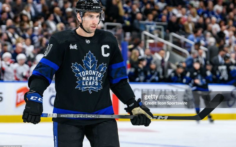 TORONTO, ON - MARCH 28: Toronto Maple Leafs Center John Tavares (91) reacts during the NHL regular season game between the Washington Capitals and the Toronto Maple Leafs on March 28, 2024, at Scotiabank Arena in Toronto, ON, Canada. (Photo by Julian Avram/Icon Sportswire via Getty Images)