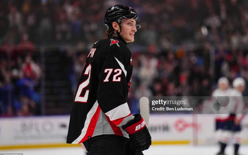 BUFFALO, NEW YORK - APRIL 2: Tage Thompson #72 of the Buffalo Sabres celebrates with teammates after a goal during the third period against the Washington Capitals during an NHL game on April 2, 2024 at KeyBank Center in Buffalo, New York. (Photo by Ben Ludeman/NHLI via Getty Images)