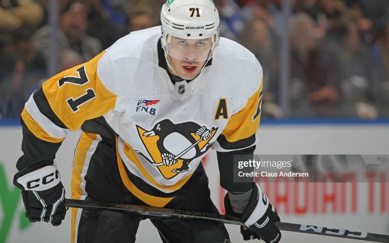 TORONTO, CANADA - APRIL 8:  Evgeni Malkin #71 of the Pittsburgh Penguins waits for a faceoff against the Toronto Maple Leafs during the first period in an NHL game at Scotiabank Arena on April 8, 2024 in Toronto, Ontario, Canada. The Maple Leafs defeated the Penguins 3-2 in overtime. (Photo by Claus Andersen/Getty Images)