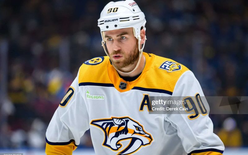 VANCOUVER, CANADA - APRIL 23: Ryan O\'Reilly #90 of the Nashville Predators waits for a face-off during the second period in Game Two of the First Round of the 2024 Stanley Cup Playoffs against the Vancouver Canucks at Rogers Arena on April 23, 2024 in Vancouver, British Columbia, Canada. (Photo by Derek Cain/Getty Images)