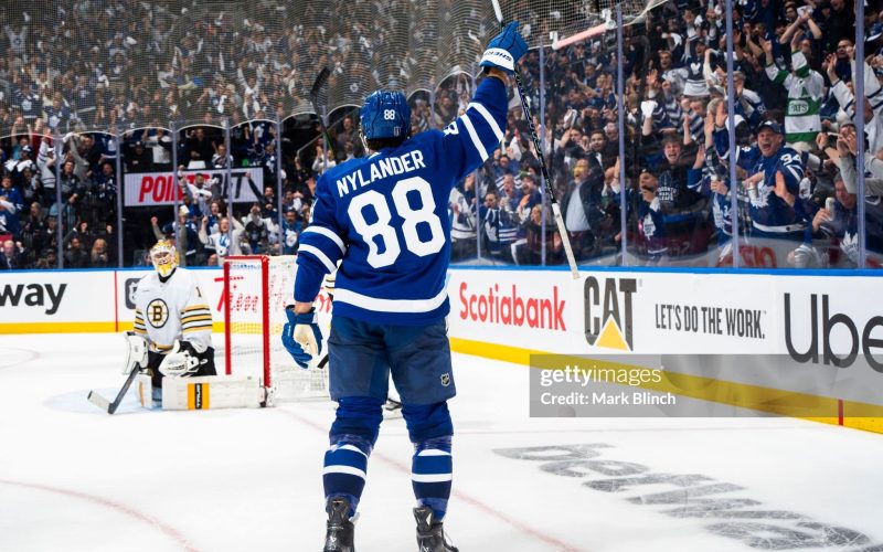 TORONTO, ON - MAY 2: William Nylander #88 of the Toronto Maple Leafs celebrates his goal against the Boston Bruins during the second period in Game Six of the First Round of the 2024 Stanley Cup Playoffs at Scotiabank Arena on May 2, 2024 in Toronto, Ontario, Canada. (Photo by Mark Blinch/NHLI via Getty Images)