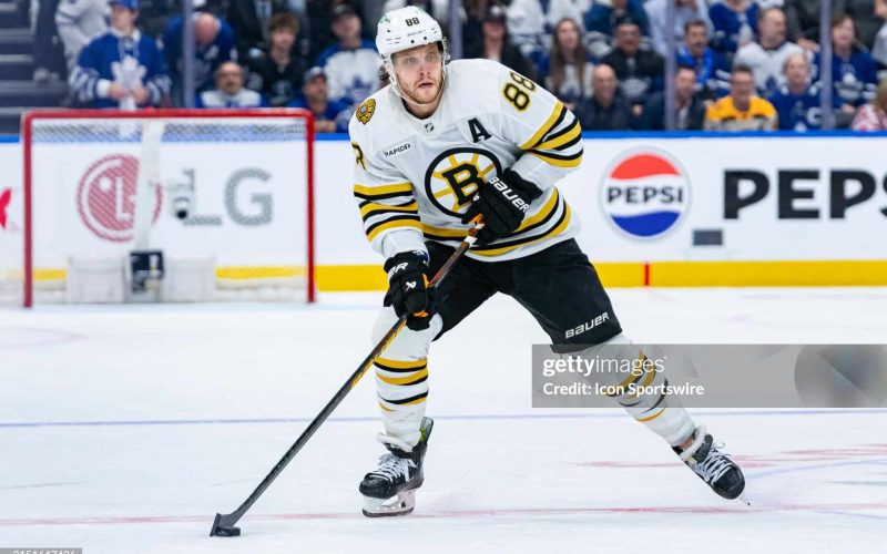 TORONTO, ON - MAY 02: Boston Bruins Right Wing David Pastrnak (88) skates with the puck during the 2024 NHL Stanley Cup playoffs first round game six between the Boston Bruins and the Toronto Maple Leafs on May 2, 2024, at Scotiabank Arena in Toronto, ON, Canada. (Photo by Julian Avram/Icon Sportswire via Getty Images)
