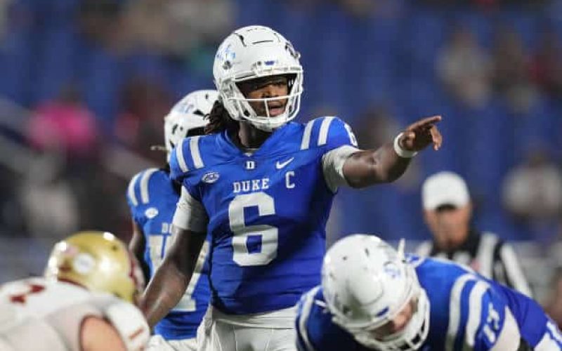 DURHAM, NORTH CAROLINA - AUGUST 30: Maalik Murphy #6 of the Duke Blue Devils looks on during the second half of the game against the Elon Phoenix at Wallace Wade Stadium on August 30, 2024 in Durham, North Carolina.  (Photo by Grant Halverson/Getty Images)