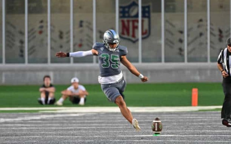YPSILANTI, MI - SEPTEMBER 14: Eastern Michigan Eagles place kicker Jesús Gómez (35) kicks off following a touchdown during the Eastern Michigan Eagles versus the Jacksonville State Gamecocks game on Saturday September 14, 2024 at Rynearson Stadium in Ypsilanti, MI. (Photo by Steven King/Icon Sportswire via Getty Images)
