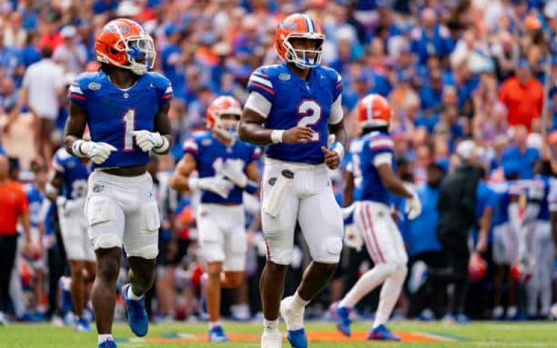 GAINESVILLE, FL - SEPTEMBER 14:Florida Gators quarterback DJ Lagway (2) leads the team onto the field  during a college football game between the Texas A&M Aggies and the Florida Gators on September 14th, 2024 at Ben Hill Griffin Stadium in Gainesville, FL. (Photo by Chris Leduc/Icon Sportswire via Getty Images)