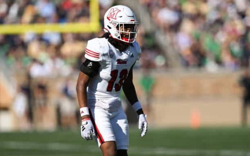 SOUTH BEND, IN - SEPTEMBER 21: Miami Redhawks DB Raion Strader (13) during a college football game between the Notre Dame Fighting Irish and Miami RedHawks on September 21, 2024 at Notre Dame Stadium in South Bend, IN (Photo by James Black/Icon Sportswire via Getty Images)