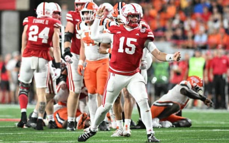 LINCOLN, NEBRASKA - SEPTEMBER 20: Dylan Raiola #15 of the Nebraska Cornhuskers signals for a first down against the Illinois Fighting Illini at Memorial Stadium on September 20, 2024 in Lincoln, Nebraska. (Photo by Steven Branscombe/Getty Images)
