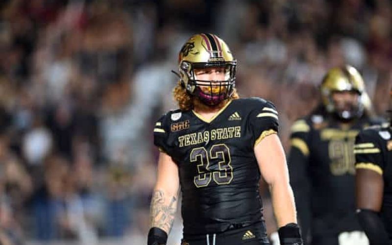SAN MARCOS, TX - SEPTEMBER 12: Texas State Bobcats DE Ben Bell sets up for a play during game featuring the Arizona State Sun Devils and the Texas State Bobcats on September 12, 2024 at UFCU Stadium in San Marcos, TX. (Photo by John Rivera/Icon Sportswire via Getty Images)